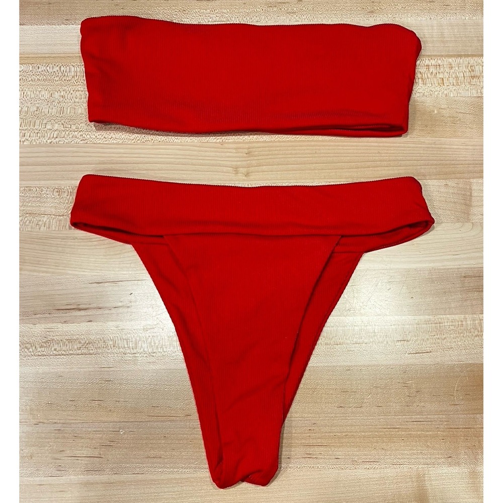 Red Sexy Two-Piece Swimwear Matching Set Strapless Top Brazilian Bottoms